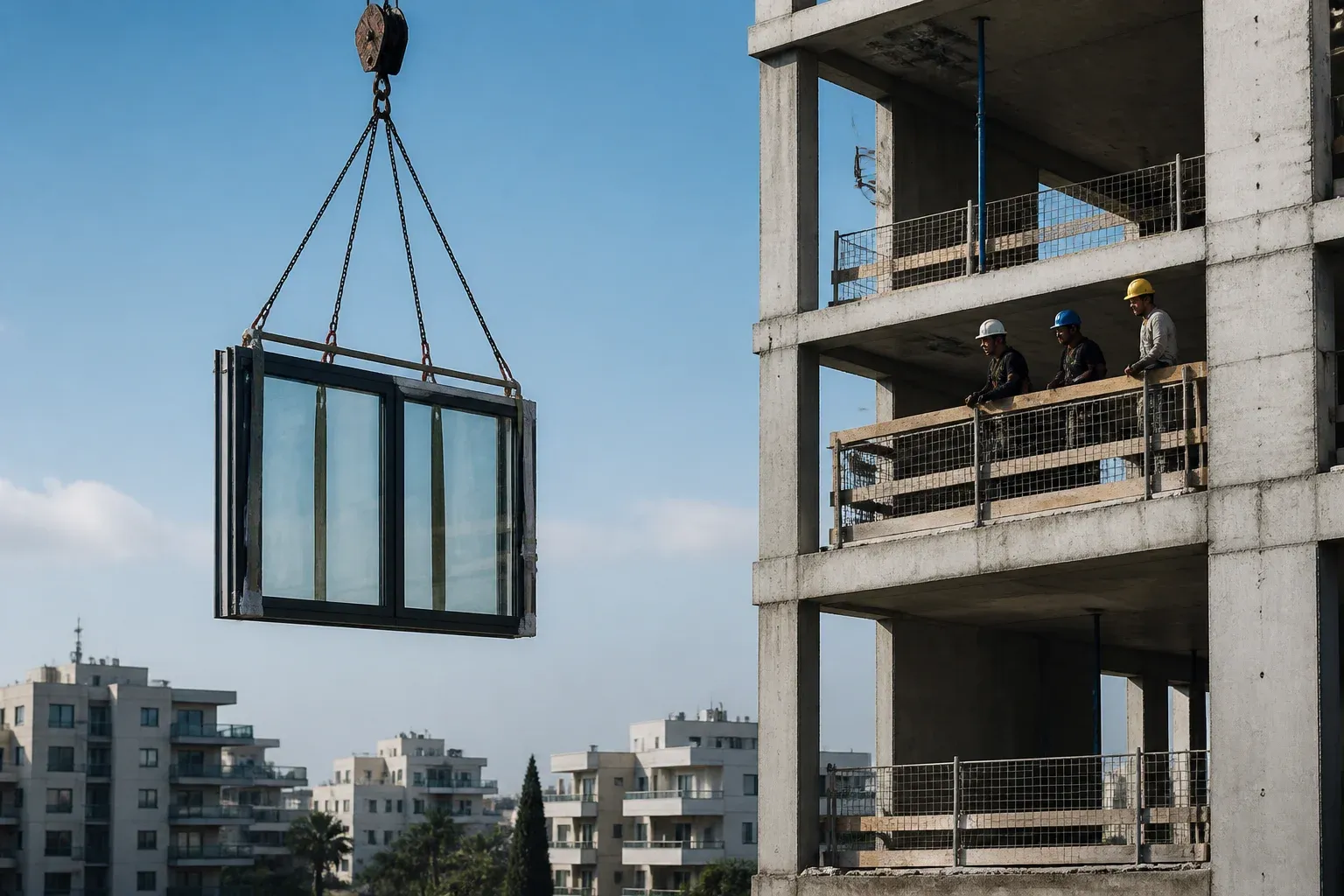 אתר בנייה שבו מנוף מרים יחידת חלון גדולה אל שלד בניין בשעת בוקר