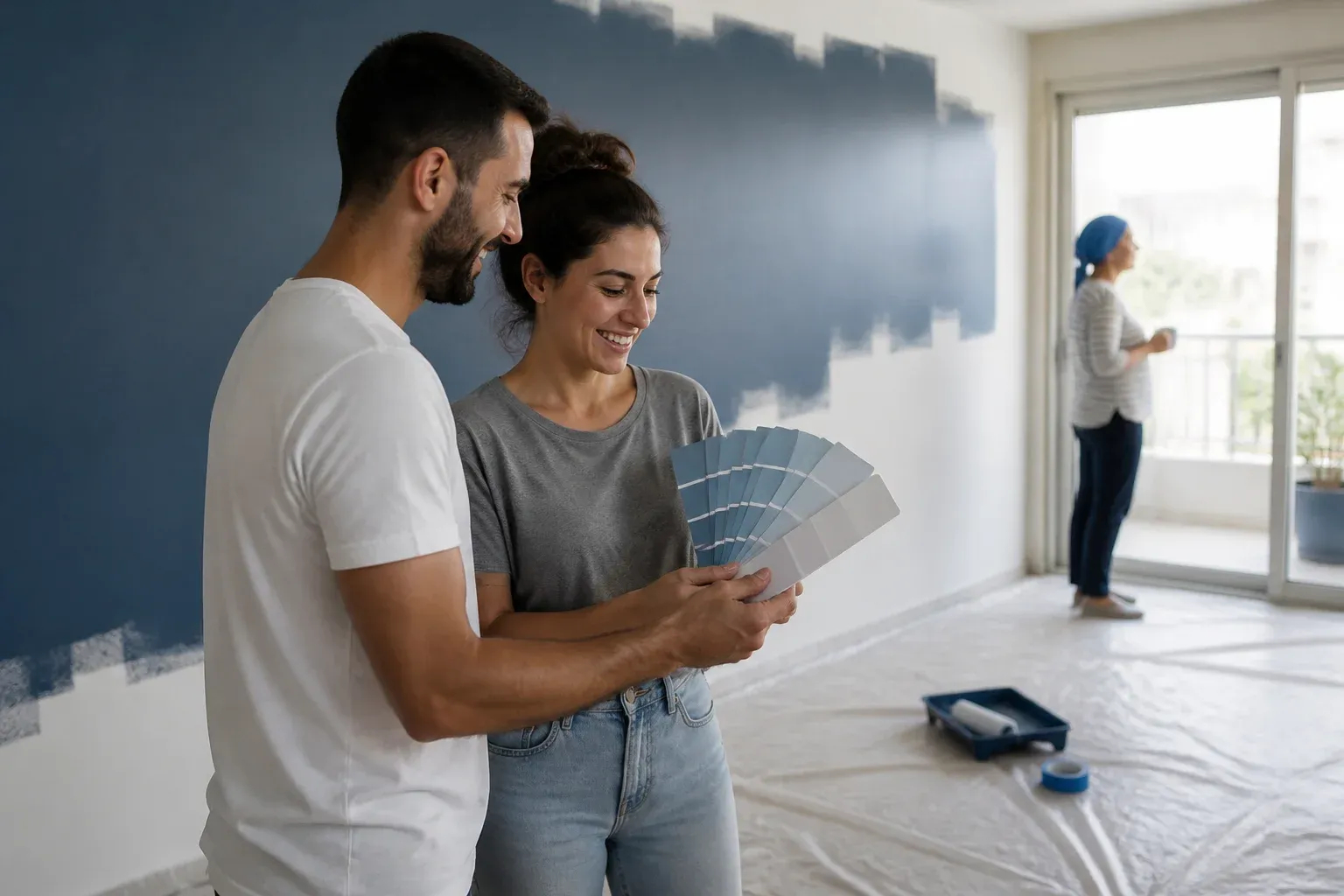 ידיים מחזיקות מניפת דוגמאות צבע ריקות מול קיר צבוע במחצה