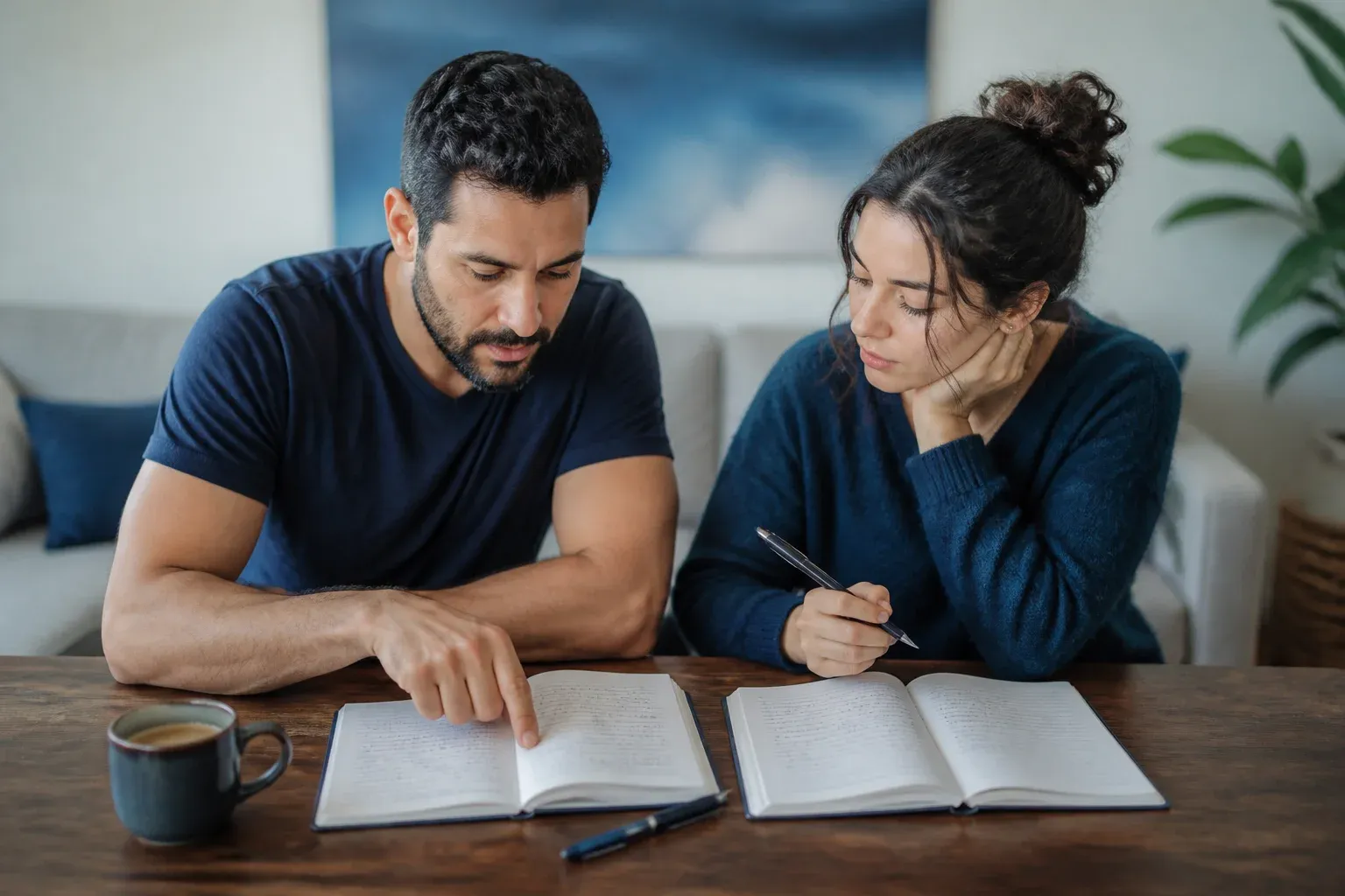 שתי מחברות פתוחות זו ליד זו על שולחן עם עט וכוס קפה