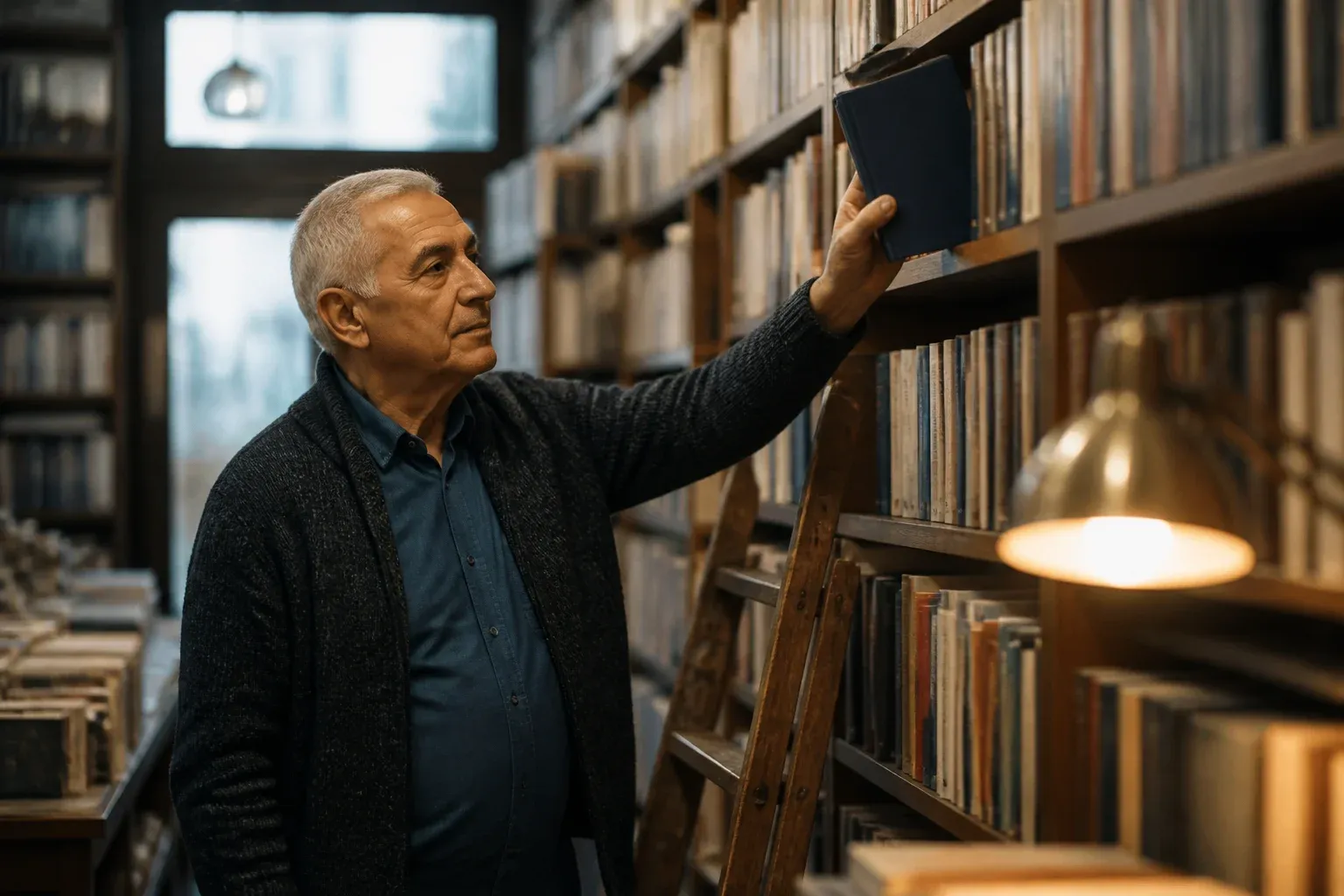 בעל חנות ספרים מסדר ספרים על מדף