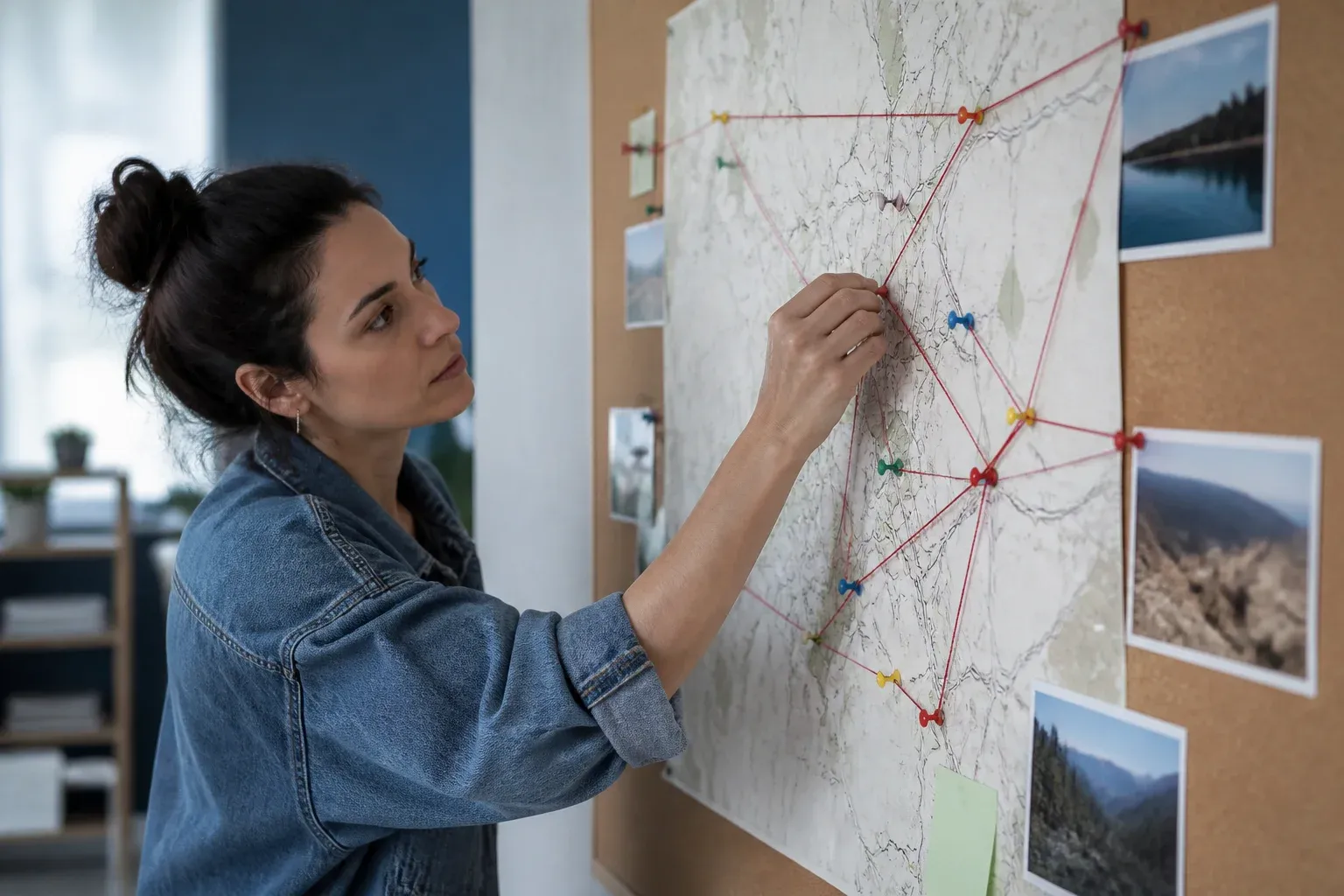 לוח שעם עם מפת דרכים, סיכות וחוטים צבעוניים בין נקודות