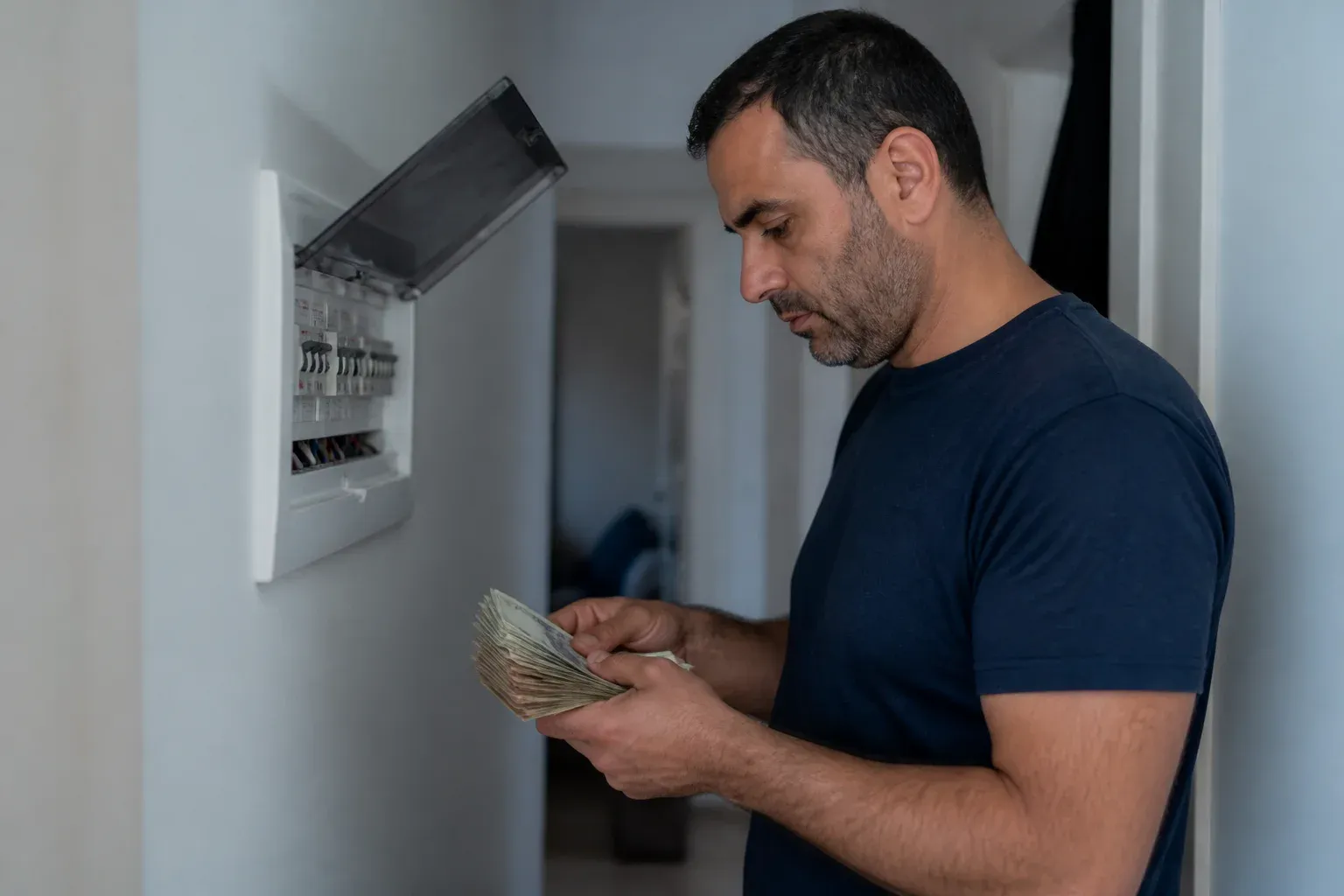 ידיים מחזיקות צרור חשבוניות ליד ארון חשמל קטן