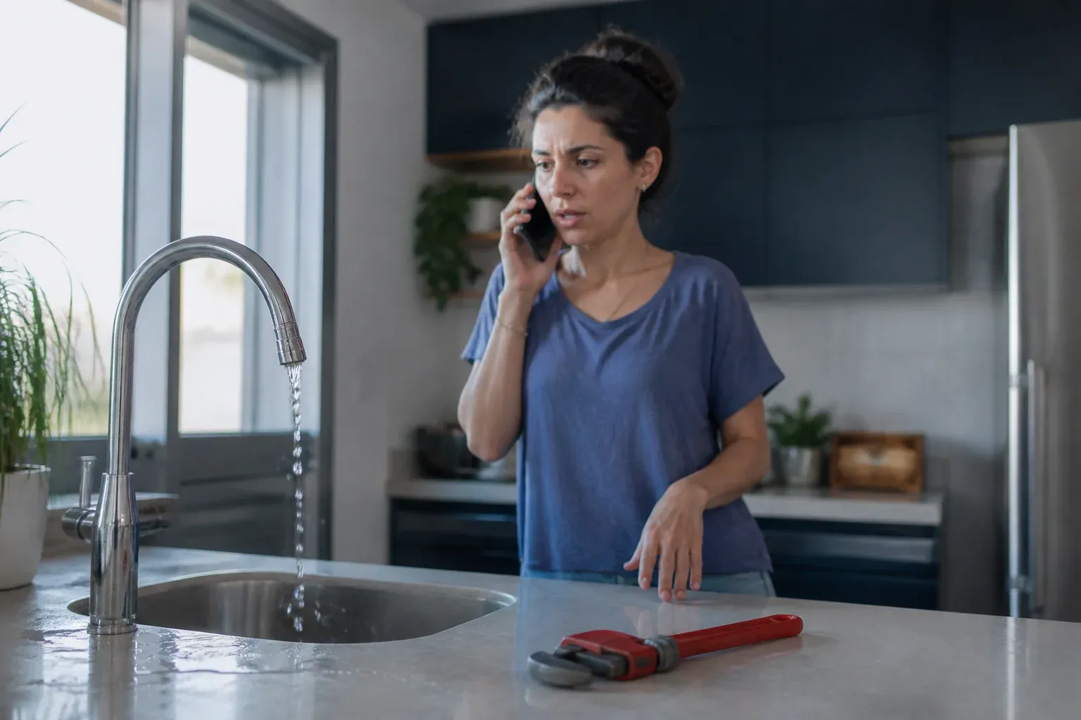אישה עומדת במטבח עם הטלפון ביד ומסתכלת על ברז דולף ומפתח צינורות על השיש