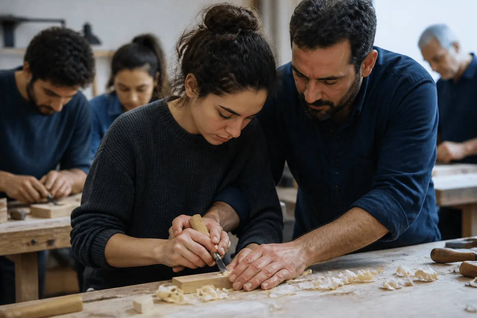 מדריך מכוון בעדינות את ידיה של תלמידה שמחזיקה איזמל בשיעור נגרות