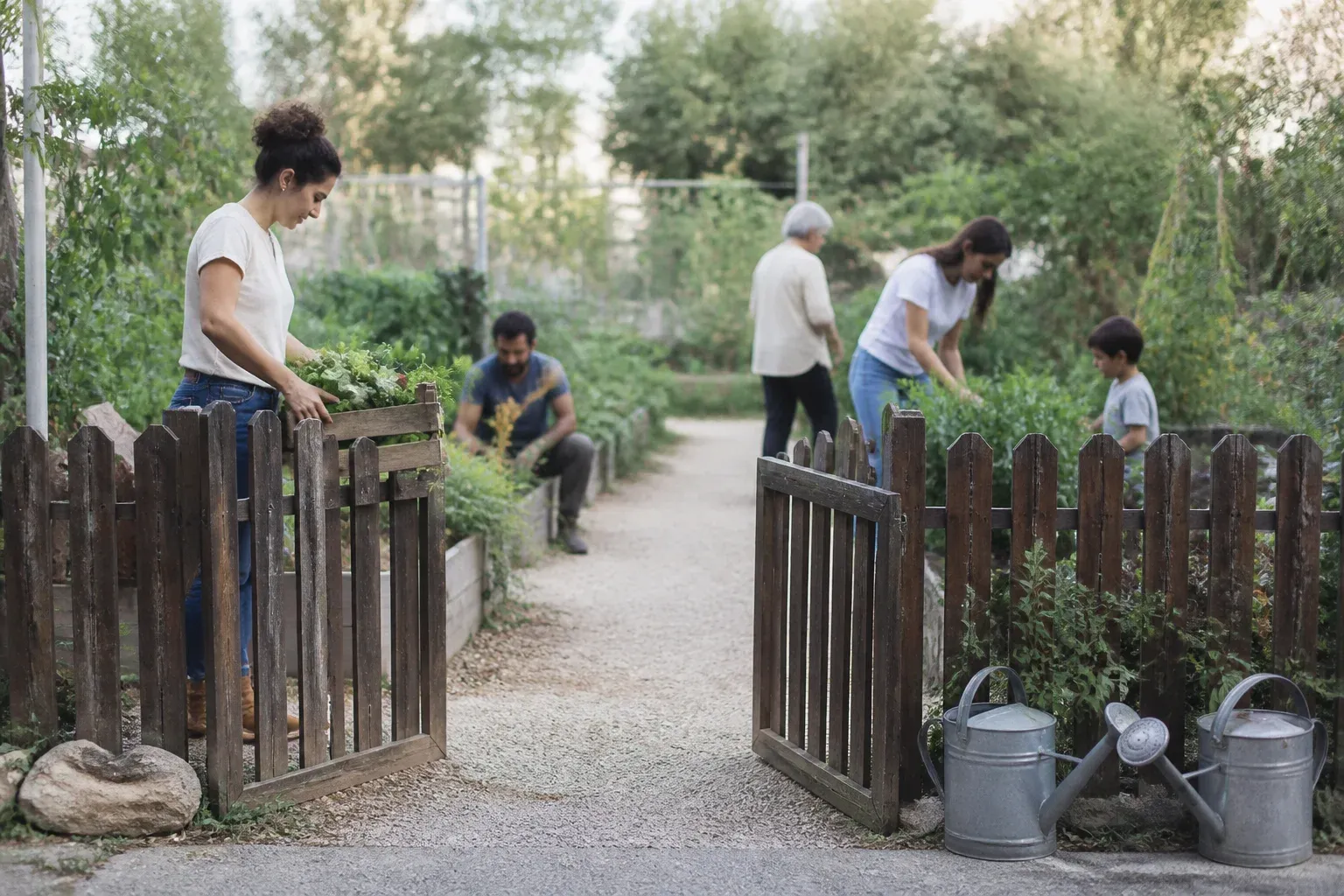 שער עץ של גינה קהילתית ושביל אל ערוגות מוגבהות