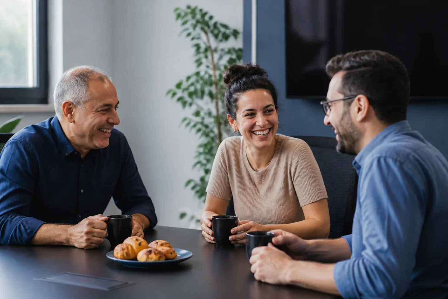 שלושה אנשים צוחקים סביב שולחן ישיבות עם קפה ומאפים