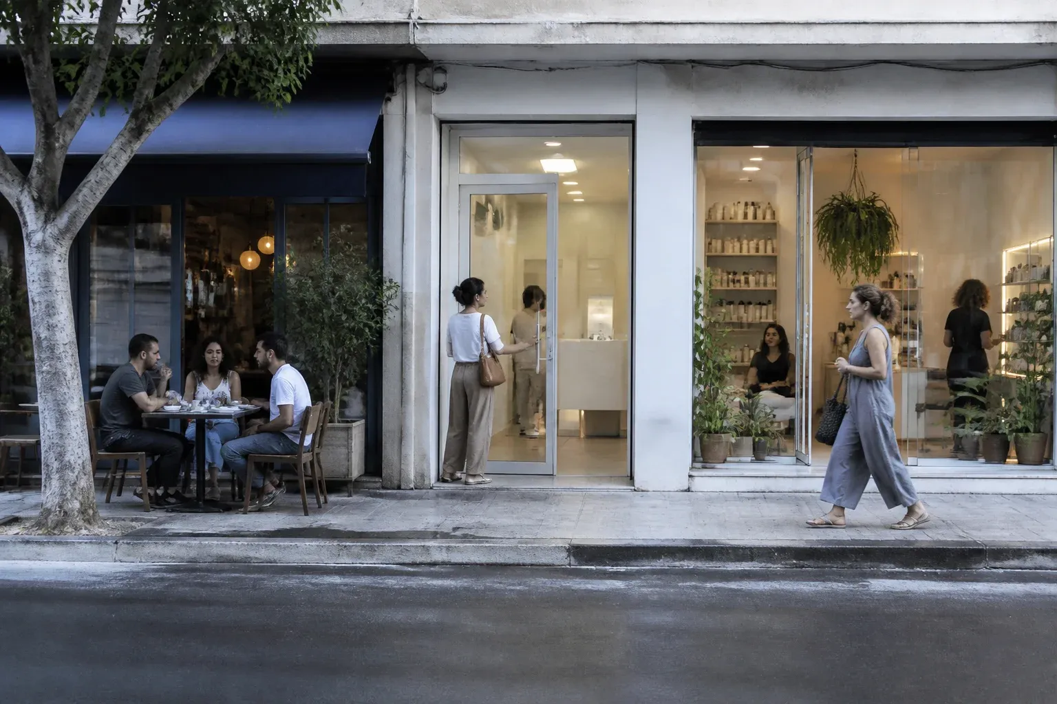 רחוב קטן בבוקר עם שלוש חזיתות של עסקים סמוכים: מסעדה, קליניקה וסלון יופי